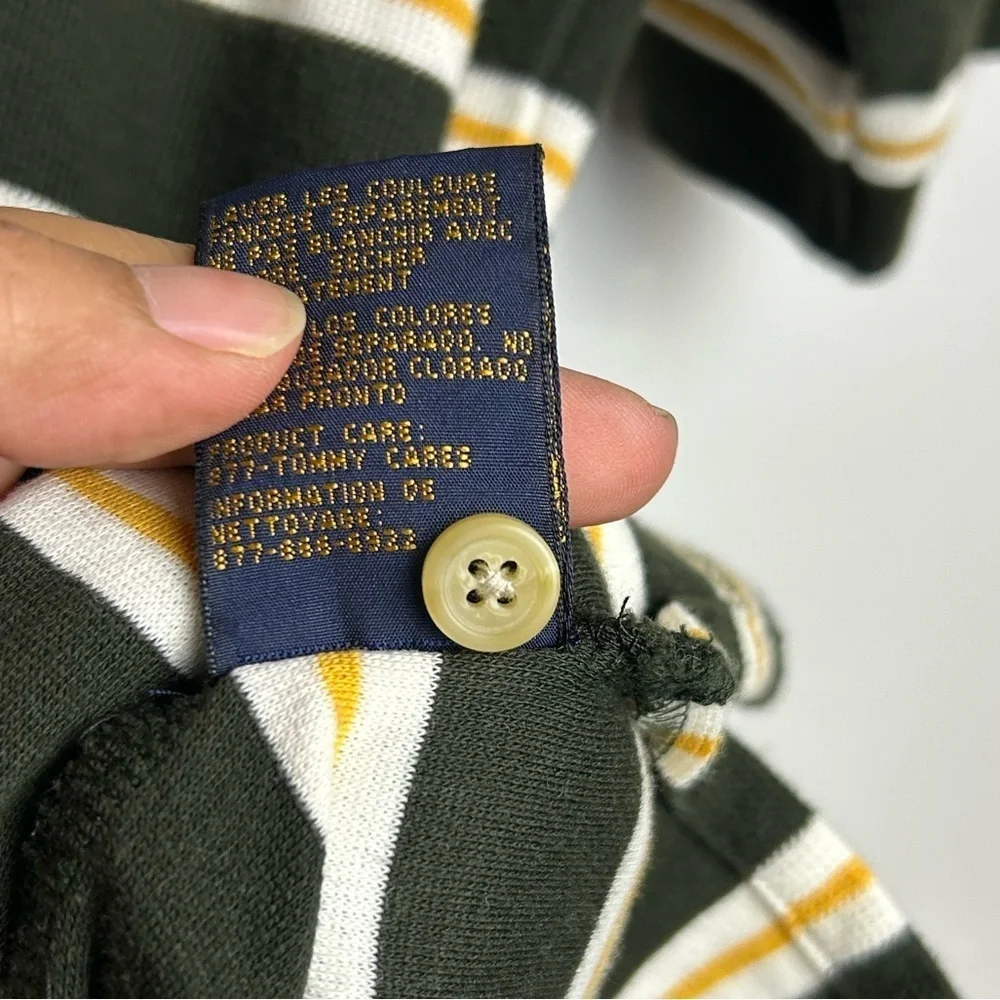VTG Tommy Hilfiger Green Striped‎ Polo Shirt Mens Sz L Logo Thermal Equestrian